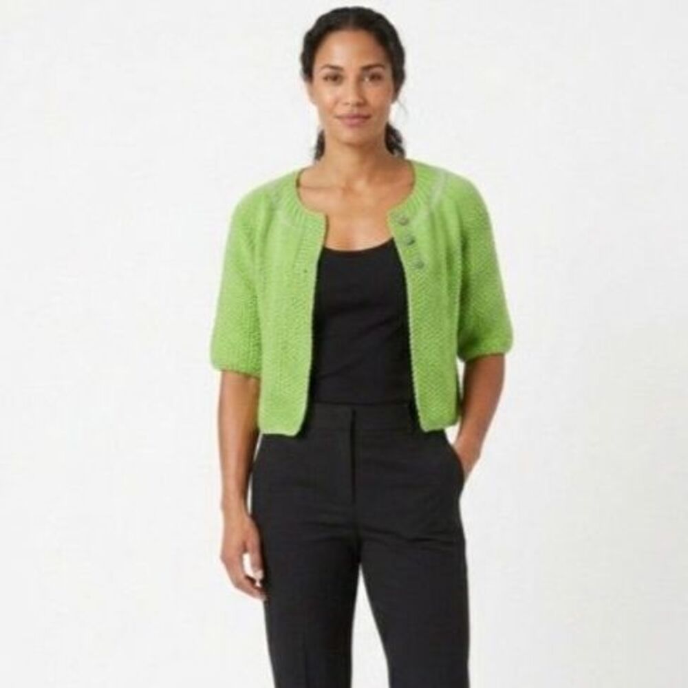 Karen Kane Women's Lime Green Silver Lurex Knit Elbow Sleeve Open Cardigan Sz S